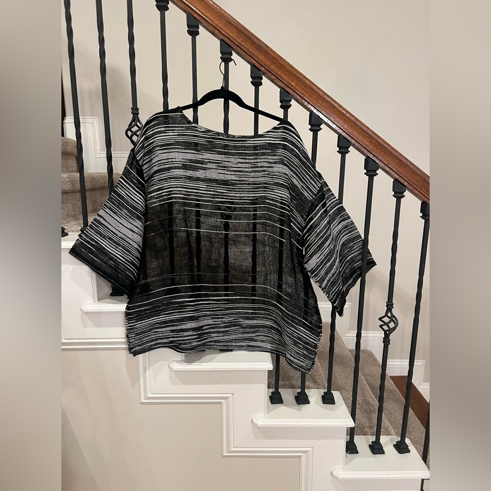 Eileen Fisher Black and White Striped Mesh Tunic-Large